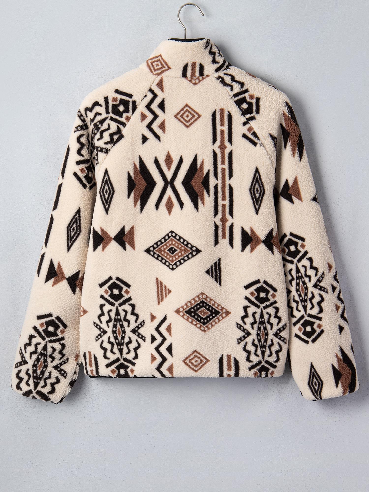 Women’s Aztec Geometric Print Soft Comfortable Fleece Fabric Long-Sleeve Full-Zip Collared Jacket with Binding Trim, Relaxed Fit Casual Tops Outerwear for Fall, Winter