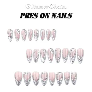 Luxury simple French 3D silver short almond press-on nails, detachable fake nail tips