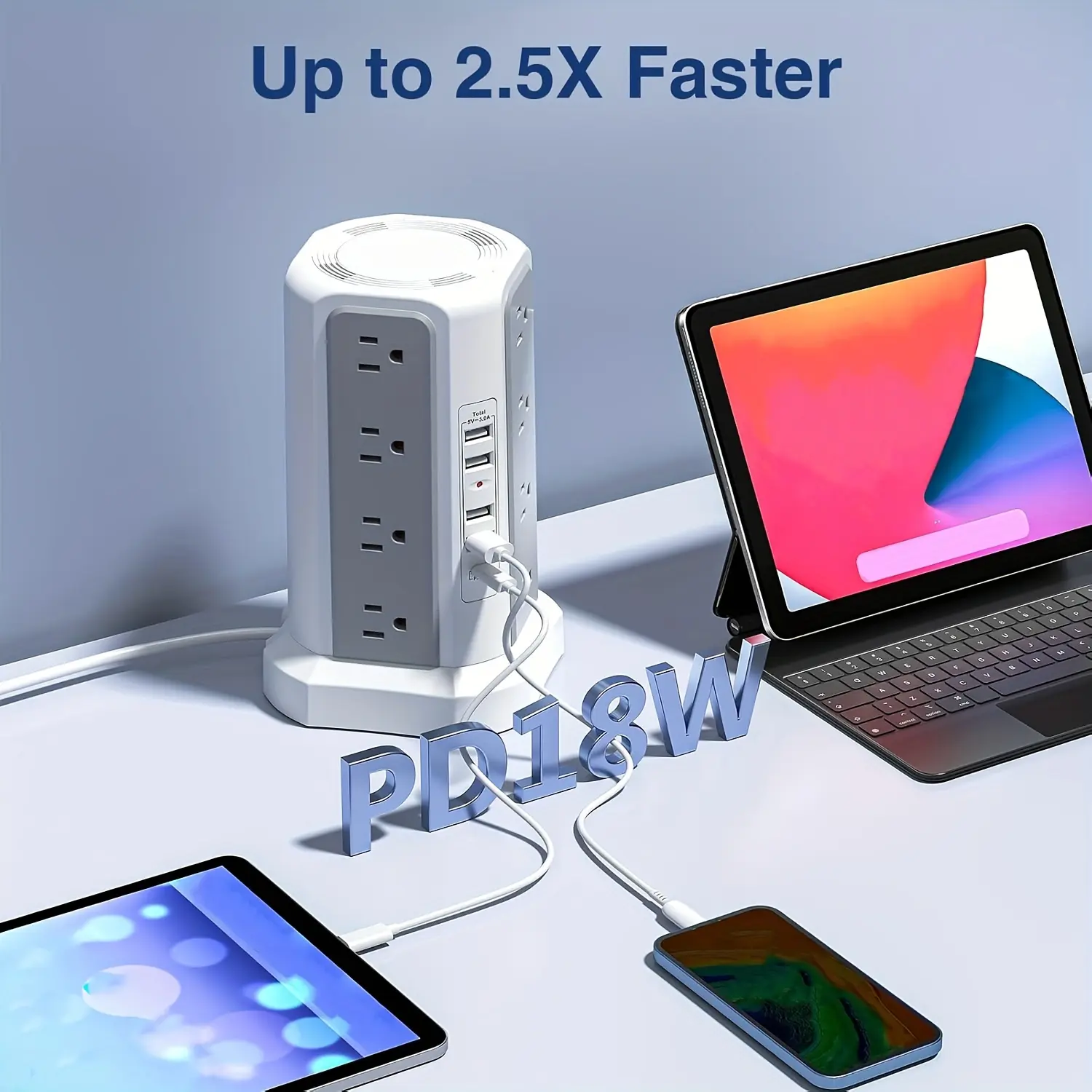 Level 4 Upgraded New Product Flat Plug 16 AC Outlets Power Strip Tower WithUSB/ USB C Port, Surge Protector Power Tower With 5 USB Charging Ports, 6FT Extension Cord Desktop Power Strip