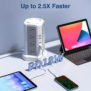 Level 4 Upgraded New Product Flat Plug 16 AC Outlets Power Strip Tower WithUSB/ USB C Port, Surge Protector Power Tower With 5 USB Charging Ports, 6FT Extension Cord Desktop Power Strip