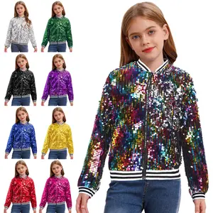 Kids Girls Sequin Baseball Jackets Front Zip Up Bomber Jackets Coats for Dancing Party
