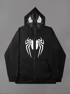 Women's Spider Print Drop Shoulder Zip Up Thermal Lined Hoodie, Fashion Casual Pocket Hooded Sweatshirt for Halloween Daily Holiday Outdoor Wear, Women Clothing for Fall & Winter, Graphic Print Hoodie