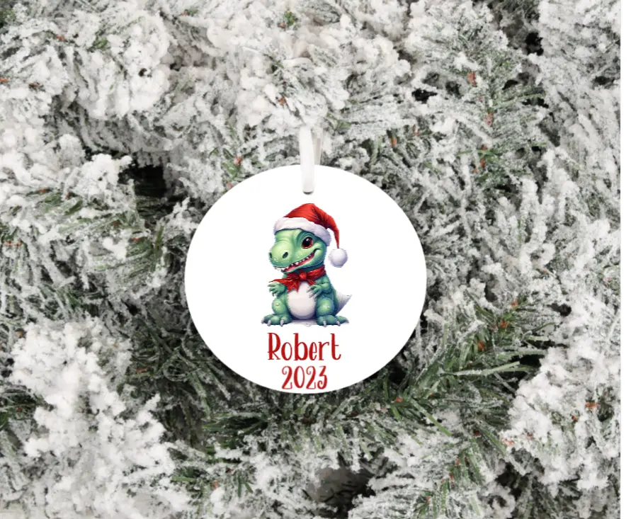 Customizable Dinosaur Christmas Ceramic Ornament - 2.75 inch Round Festive Home Decoration, Holiday Gift with Gift Box, Gold String, Printing Feature, Personalized Dinosaur Ornaments