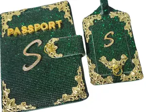 The Luxe Ports Bling Passport Set with Rhinestone Exterior Gold Corner Embellishments RFID Protection Multi-Functional Holder Matching Luggage Tag for Glam Jetsetters