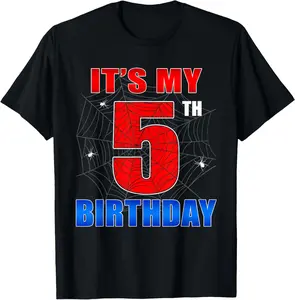 Boys' Short-Sleeve Round Neck Graphic T-Shirt - 5th Birthday Spider Web Design, Cotton Fashion Streetwear Casual Sports Top for 5-Year-Old Party Wear