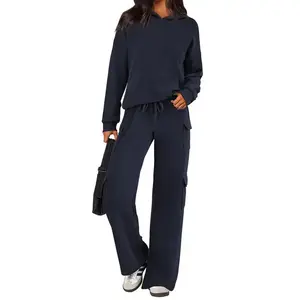 Women’s 2 Piece Lounge Set – Long Sleeve Pullover Top & Cargo Pants Tracksuit, Soft Stretch Matching Outfit for Travel, Errands & Daily Wear, Fall Cozy