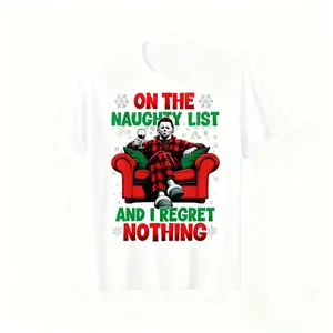 Men's Horror Christmas T-Shirt Funny Naughty List Saying with Red Armchair Design Heavyweight  Halloween Thanksgiving Xmas Party Outfit Adult Graphic Tee Gift for Men Women XXXL Black Shirt with Green & Red Text Machine Washable - Menswear