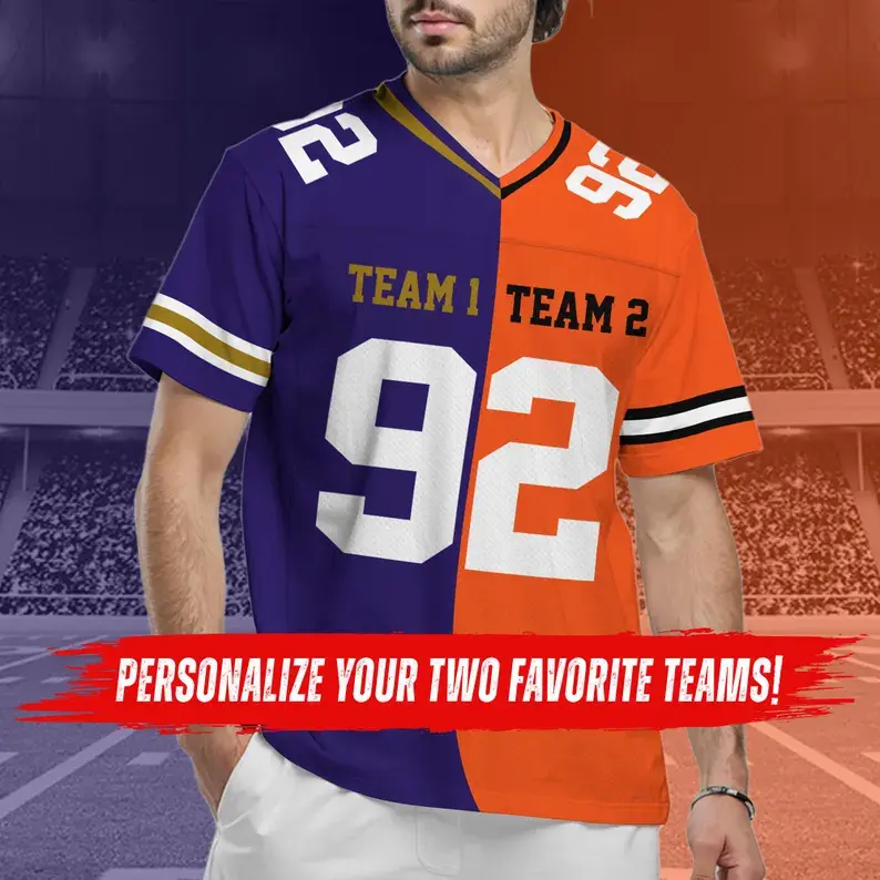 Personalized Split Team Football Jersey, Custom Two Team Jersey, Reversible Style Sports Shirt, Name & Number Jersey, Game Day Gift