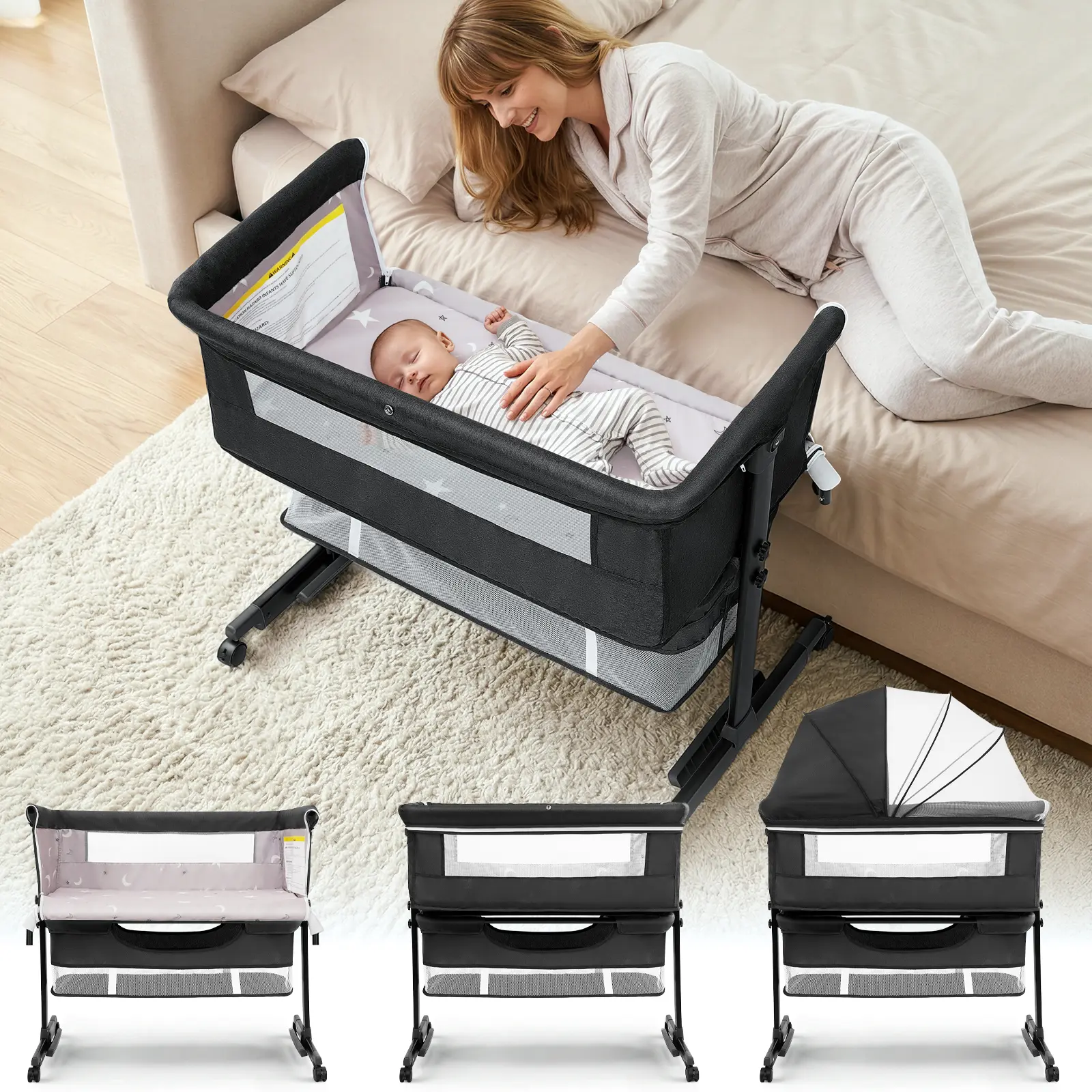 Baby Bassinet, Baby Basinet Bedside Sleeper, Easy to Fold Portable Crib Side Bassinet 2026new Style Girl/boy bassinets (Dark Gray)