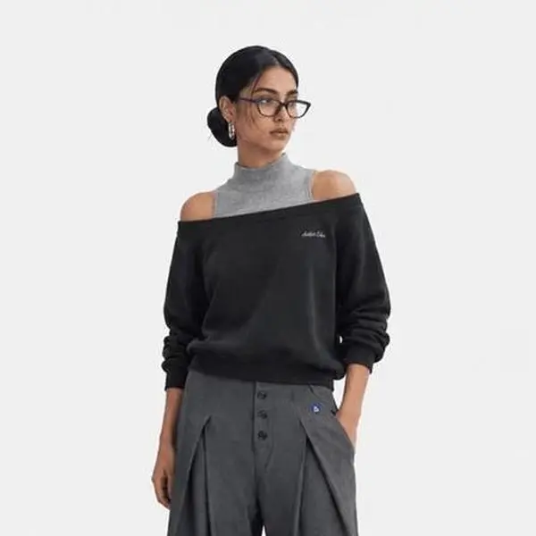 Aelfric Eden Two-in-one Hoodie Off-Shoulder Mock Neck Sweatshirt Balloon Sleeves Ribbed Cuffs & Hem Soft Fabric Minimalist Streetwear Women's Top,clothes for back to school,first day of school outfits