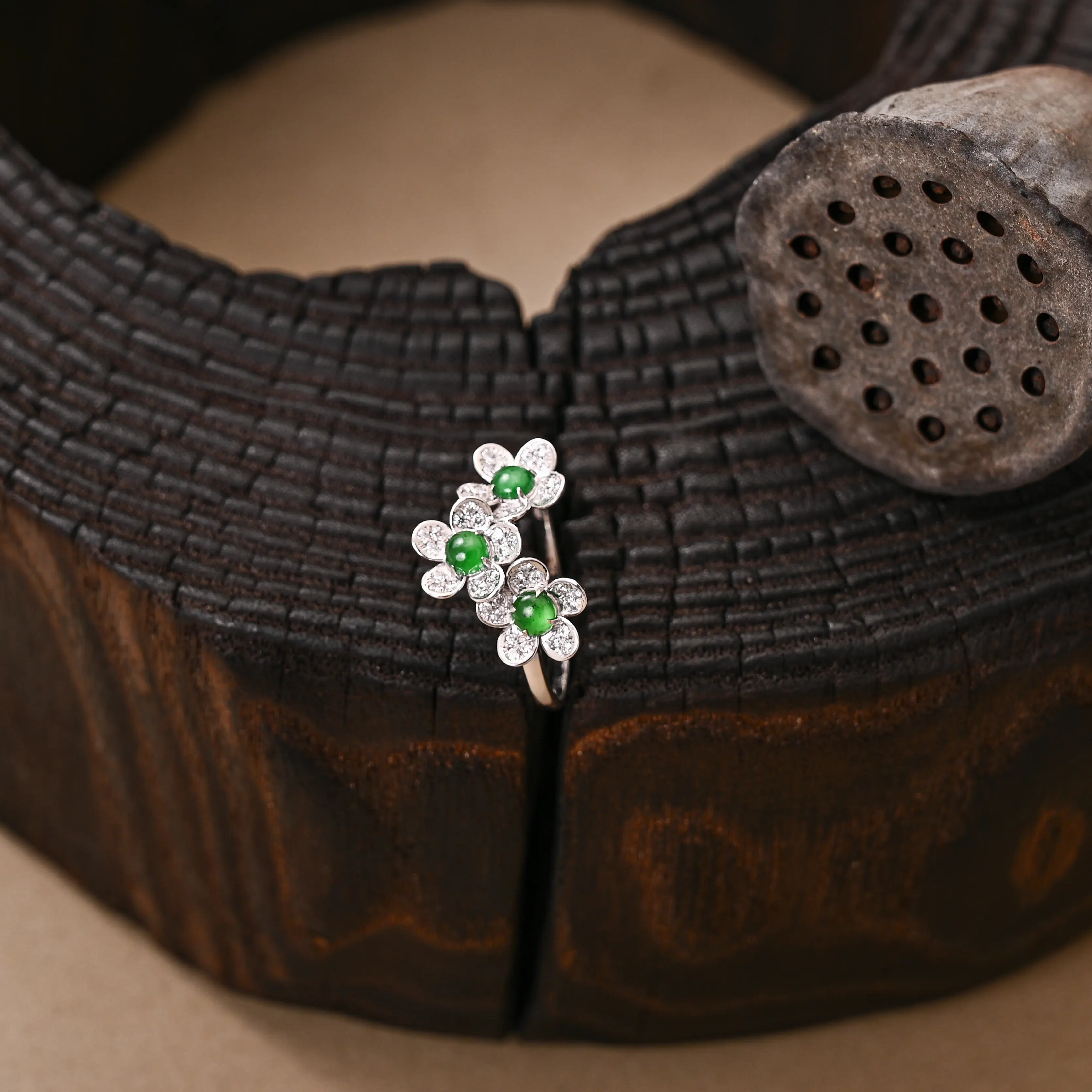 14K Gold Trilogy of Frost Jade Ring– Mini Jadeite Cabochons & Diamond Pave Trilogy Blossom Layout