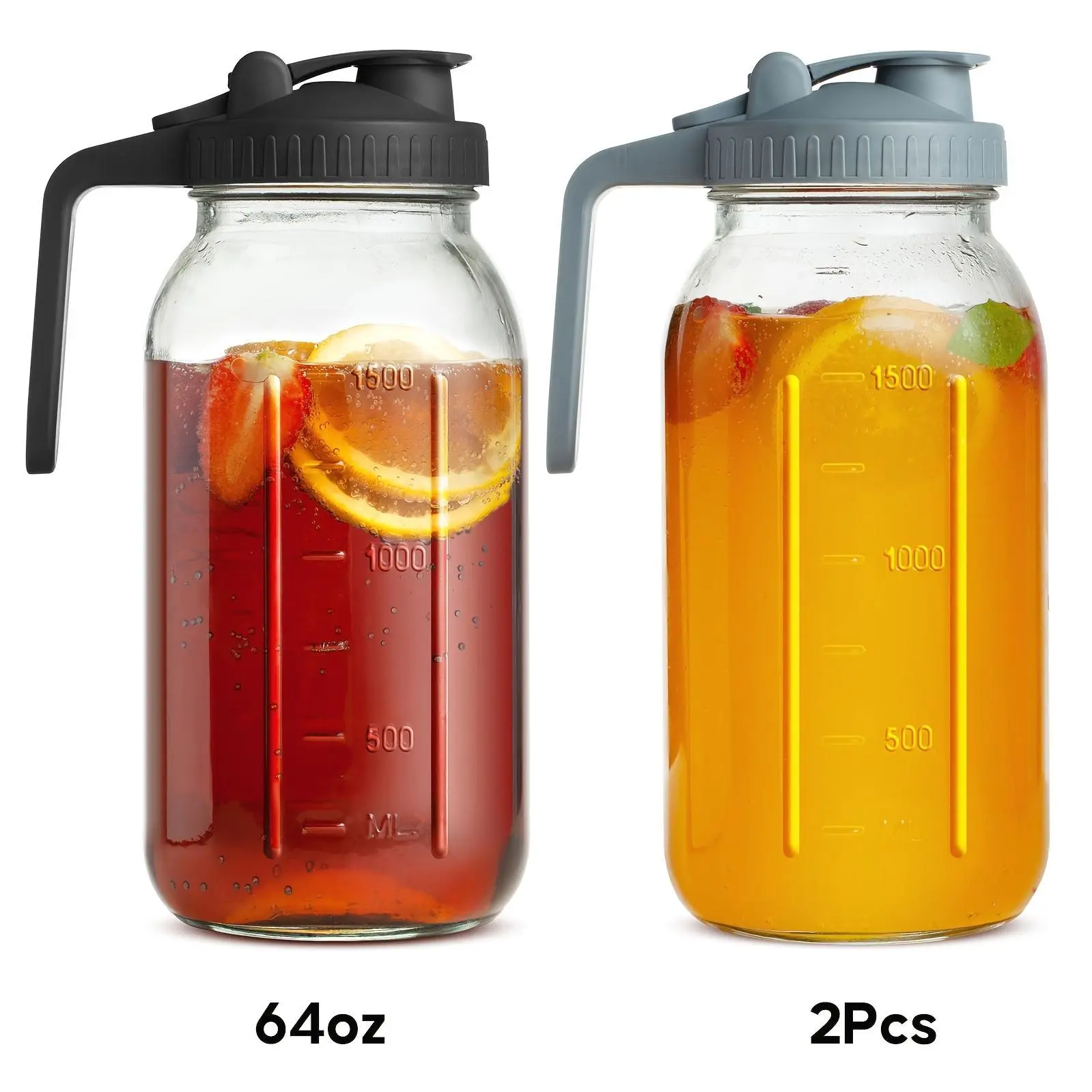 2pcs Mason Jar Pitcher, 64OZ Breast Milk Pitcher Double Leak Proof With Pour Spout Handle, Wide Mouth Iced Tea Pitcher For Fridge, Creamer Container For Coffee, Sun Tea Juice