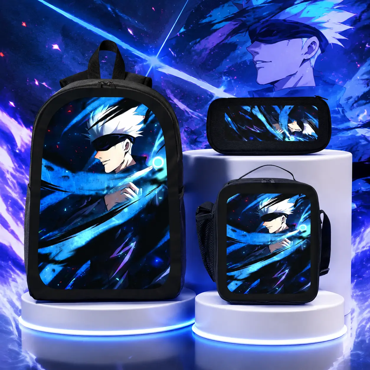 Jujutsu Kaisen Gojo Satoru Anime Backpack Set 3 Piece School Backpack Lunch Bag Pencil Case Lightweight Polyester Daypack for Teens Backpacks for School Women Men Student Travel Casual Backpack Set