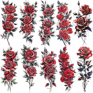 10 Rose Flower Temporary Tattoo Stickers, Realistic Watercolor Style, Waterproof, for Arms & Legs, Party & Daily Use