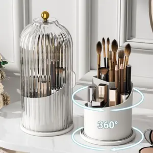 Dustproof Makeup Brush Holder with Lid, Rotatable Clear Cosmetic Organizer for Vanity Countertop