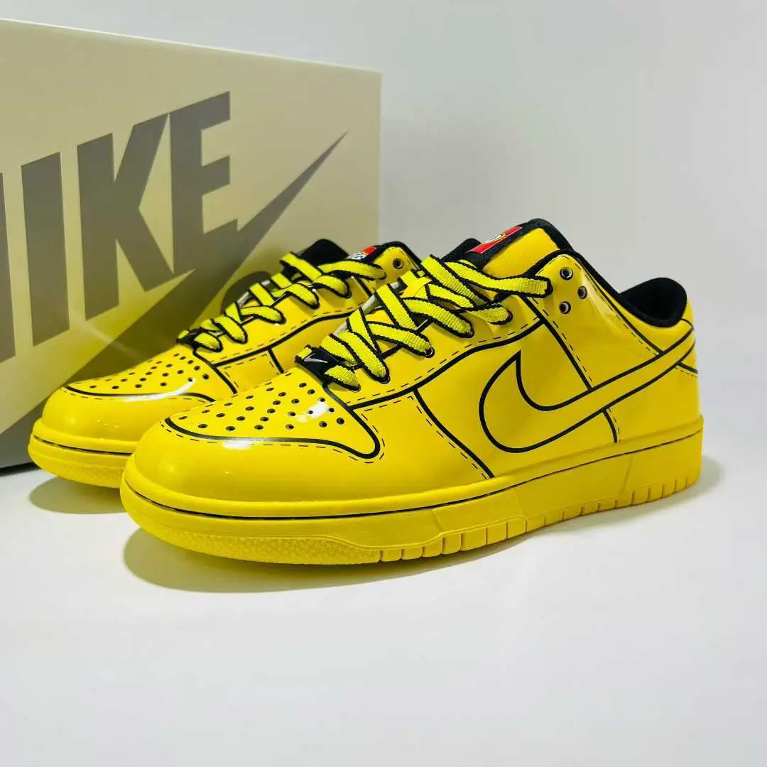 Bright Yellow Patent Leather Comic Outline Skate Shoes, Non‑Slip Rubber Sole Couple Stylish Street Sneakers