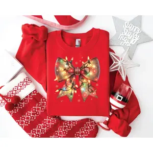 Christmas Ribbon Shirt Christmas Light Bow Shirt Christmas Coquette Shirt Christmas Ribbon Girls Shirt Christmas Red Ribbon Shirt