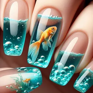 Blue Medium-Length Fish Design Nail Art Stickers, 24pcs Press-On False Nails, Glittering Fake Nails for Daily Wear, Party Vacation Beach Manicure