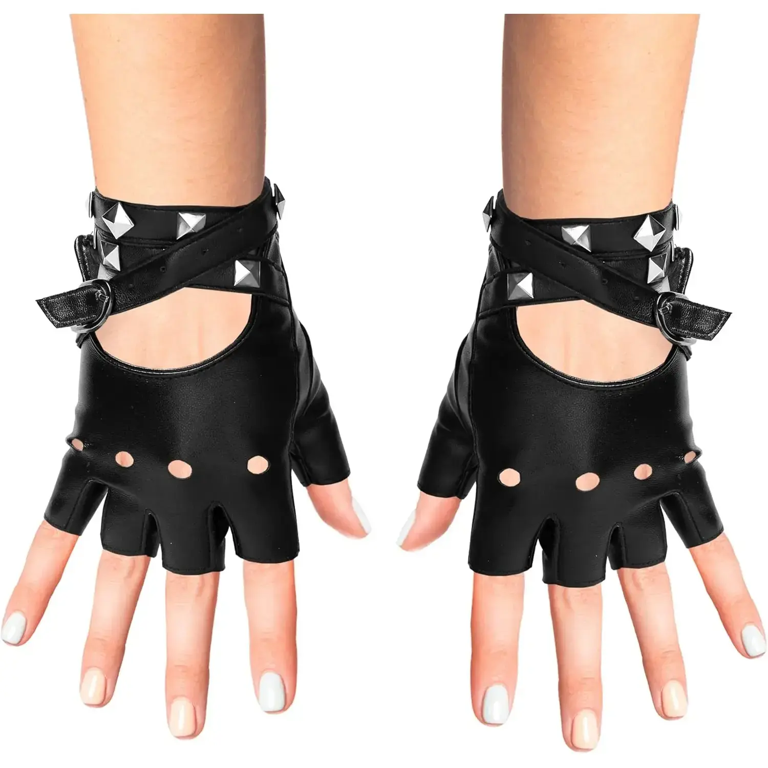Fingerless Faux Leather Gloves - Black Biker Punk Gloves with Belt Up Closure and Rivet Design for Women and Kids