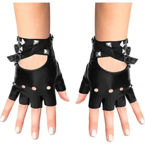 Fingerless Faux Leather Gloves - Black Biker Punk Gloves with Belt Up Closure and Rivet Design for Women and Kids