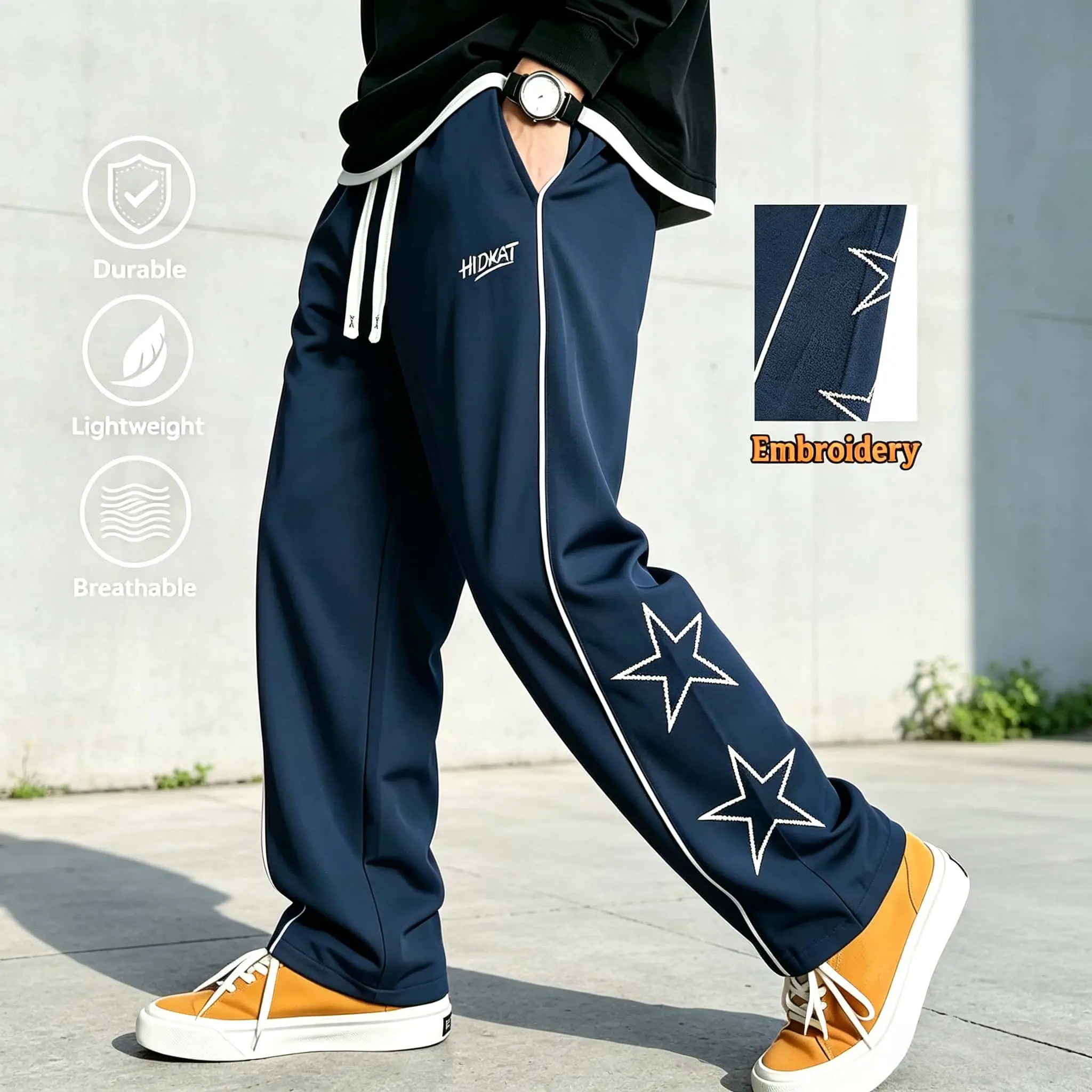 Men’s Embroidered Star Wide Leg Track Pants, Lightweight Breathable Streetwear Sweatpants, Elastic Drawstring Loose Straight Leg Casual Trousers for Daily Hip Hop Skate Outdoor Street Outfits,Comfy Elastic Waist Drawstring Pants,athleisure wear