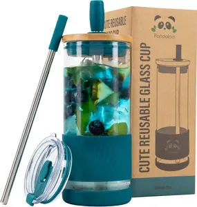 20oz Glass Tumbler – Teal Cup with 2 Lids & 2 Stainless Straws for Iced Coffee, Water, Matcha, Smoothies & Boba