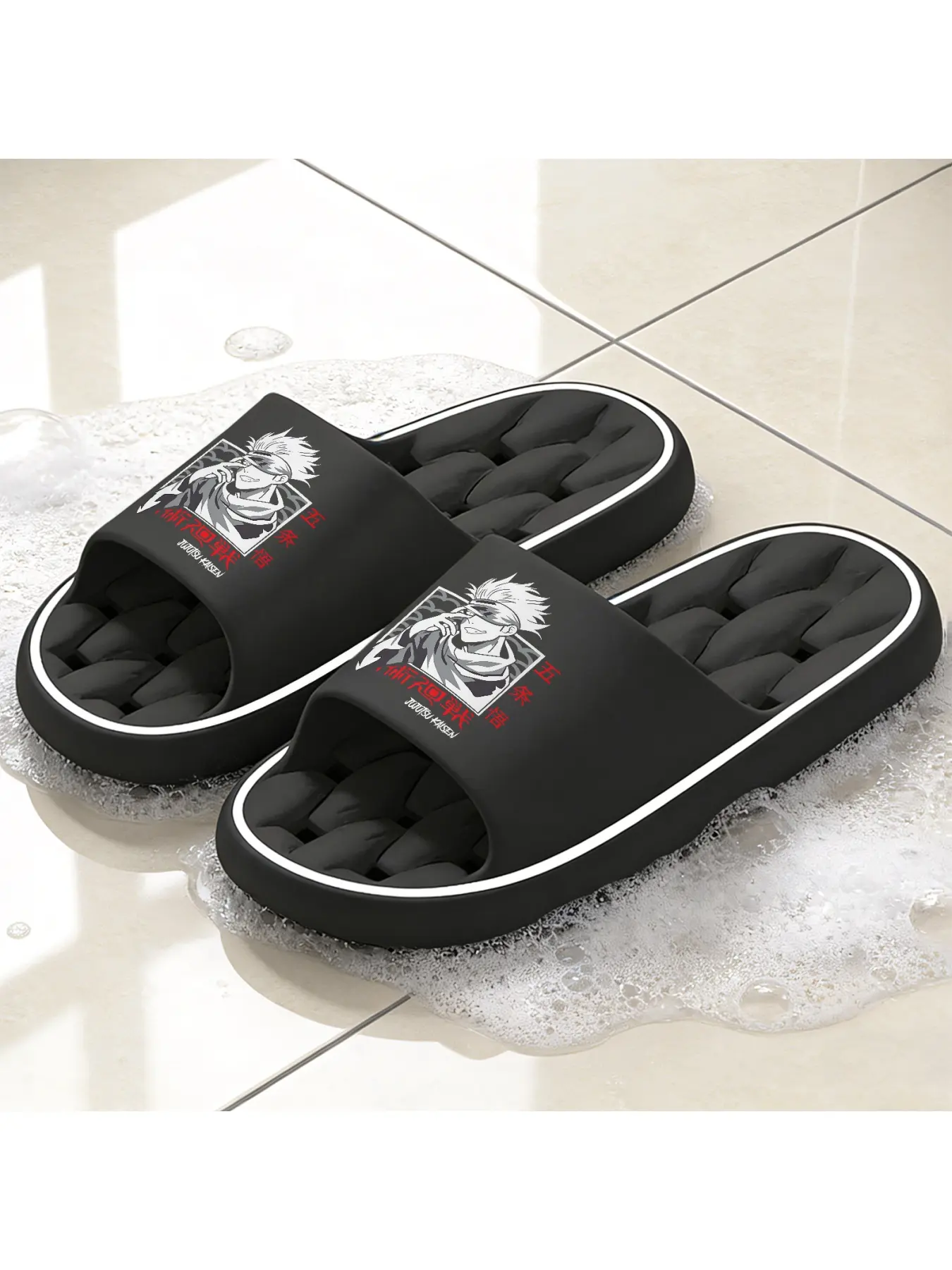 Jujutsu Kaisen Satoru Gojo Hollow Out Slippers, Anime Character Print Non-slip Slides for Men Women, Unisex Slippers, Lightweight Soft Sole Open Toe Sandals, Casual Slipper Shoes, Breathable Quick-drying Footwear for Indoor Outdoor Beach