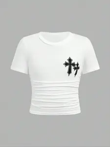 Women's Cross Geometric Print Ruched Crop Tee, Street Crew Neck Short Sleeve T-Shirt, Ladies Clothes for Summer