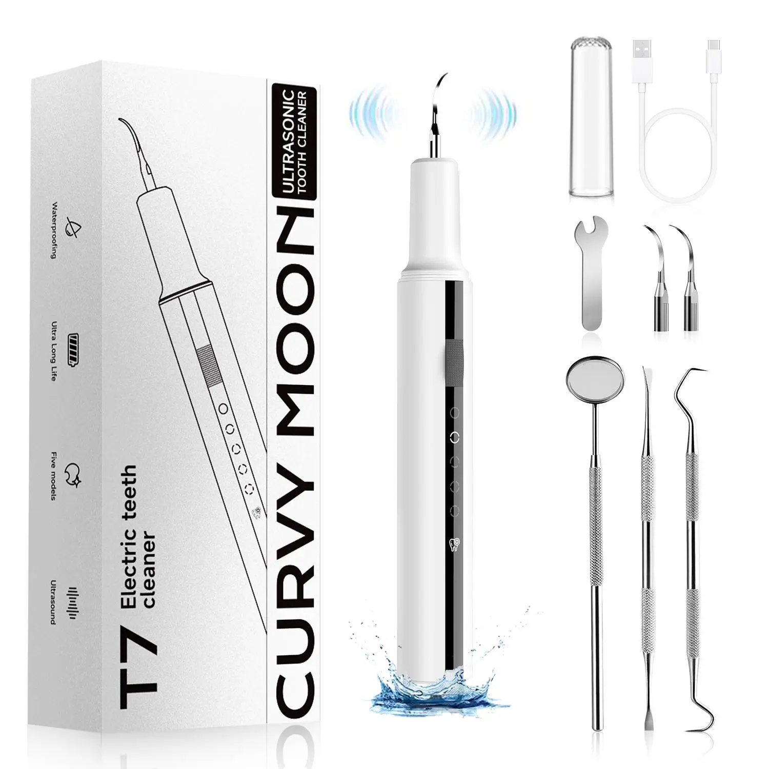 White CURVY MOON Rechargeable Teeth Cleaning Tool with Replacement Head, Oral Irrigator, Tartar Remover & Teeth Cleaning Set Tooth Cleaner -  Dental Scaler Water Floss Kits Cleansing