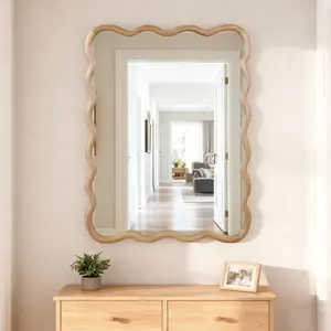Natural Wood 30"x40" Wavy Rectangle Solid Wood Frame Decorative Mirror,For Bedroom, Bathroom, Living Room, Entryway