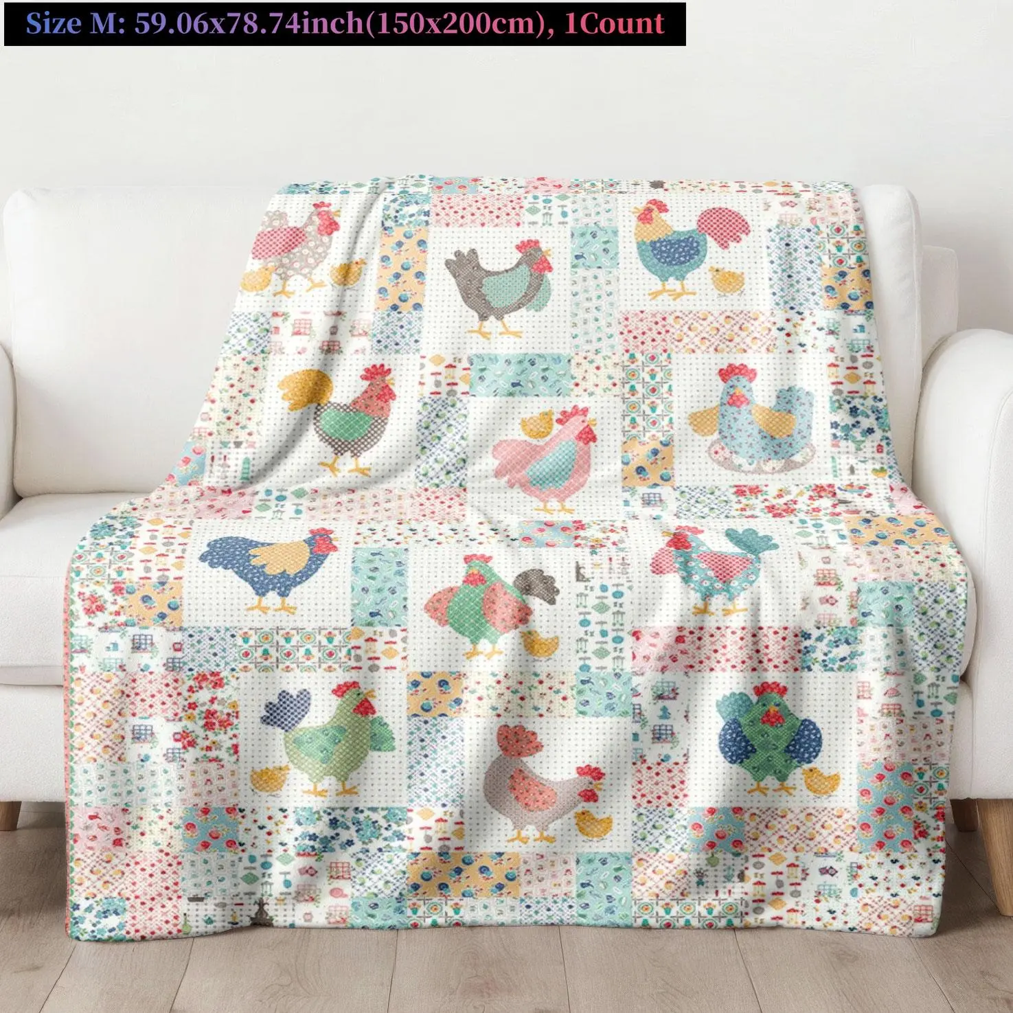 Quilted Patch Flannel Blanket - Cozy Warm Blanket, Colorful Country-Style Rooster Print, Multi-Size Soft Throws for Sofa, Bed, Flannel Blankets