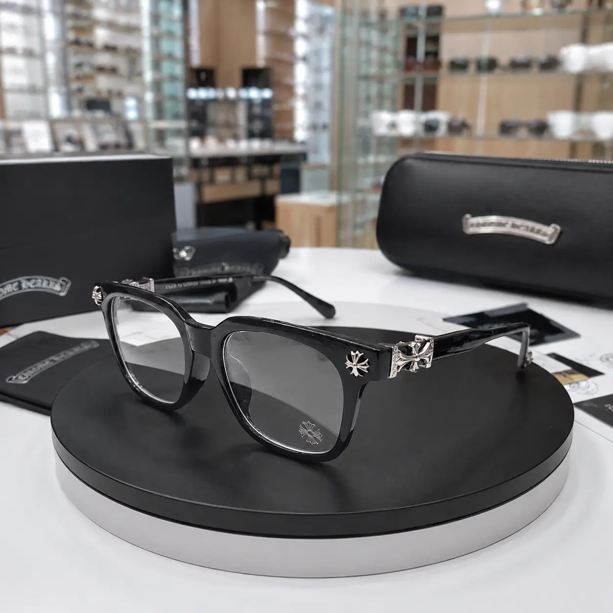 Chrome Hearts Square Eyeglasses, Black Frame, Silver Cross Floral Detail, Luxury Fashion for Adults, Ships in 5–7 Days