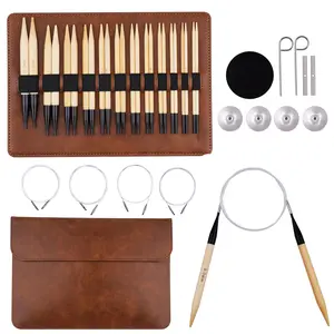 Bamboo Knitting Needles Set, 5-Inch Interchangeable Circular Knitting Needles US 4-15 (3.5-10mm),12 Pairs of Hand-Polished Circular Needles, 4 Cables, Accessories & Case (Black Tip)
