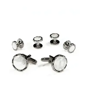 White Circular Mother of Pearl with Silver Diamond Cut Edge Studs and Cufflinks Set