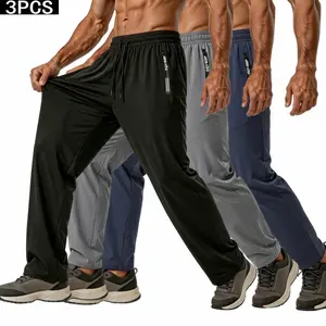 3PCS Ice Silk Pants With Zipper Pockets Sports Pants High Elastic Closure Drawstring Tight Leggings Thin Long Pants Quick Drying Pants Outdoor Activities Trousers Gym Sportswear Bottoms