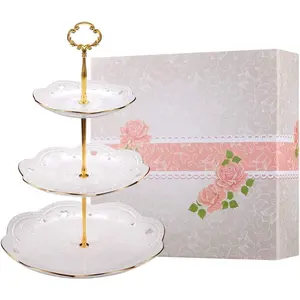 3-Tier Porcelain Embossed Cupcake Stand - Pure White Rimmed with  Dessert Cake Stand - Pastry Serving Tray Platter for  Party, Wedding and Birthday