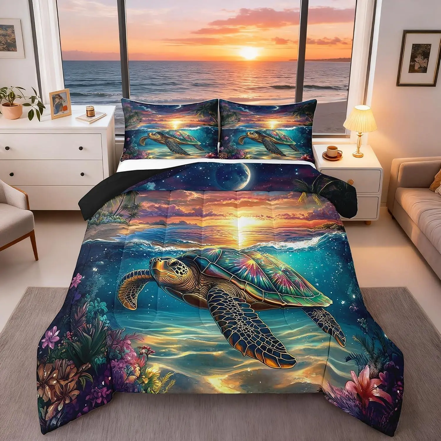 D Sea Turtle Bedding Set,Abstract Undersea View Gradient Sky Print Comforter Set Adults,Wild Sealife Tropical Trees Seaside Quilted Comforter