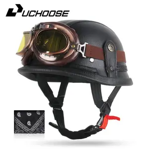 Leather Vintage Soldier Helmet Half Helmet with Windshield, Motorcycle Helmet, Suitable for Cruising, Retro Car, Unisex, Men and Women