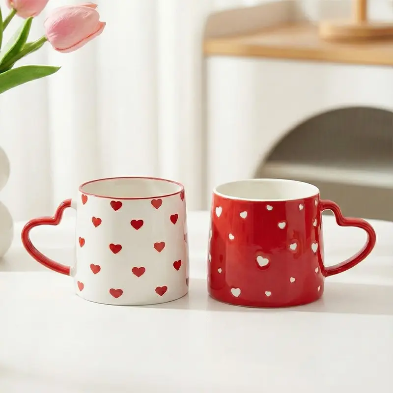 Valentines Coffee Mugs, 390ml Heart Pattern Ceramic Mug, Novelty Coffee Cups with Heart Handle, Women Gifts for Valentine, Anniversary, Wedding, Party Supplies