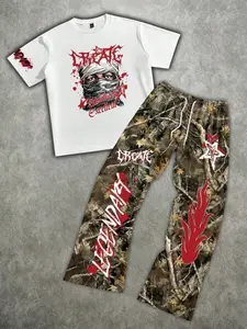 American High Street 2-Piece Set: Short-Sleeve T-Shirt with Church Stained Glass Print + Forest Camouflage Cross-Print Curved-Leg Pants