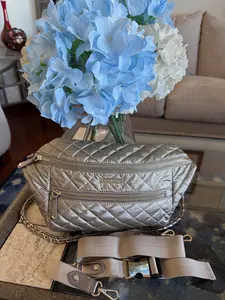 Pre-owned MZ WALLACE Coated Nylon Sling Bag in Matte Silver with Multiple Straps Stunning