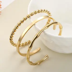 FINREZIO 3 Pieces Stainless Steel Open Bangle for Women Girls Smooth Polished Twisted Bangle Bracelet Set Fashion Stackable Cuff Bracelet Silver/Gold Daily