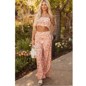 Pink Boho Floral Bandeau Top and High Waist Wide Leg Pants Set