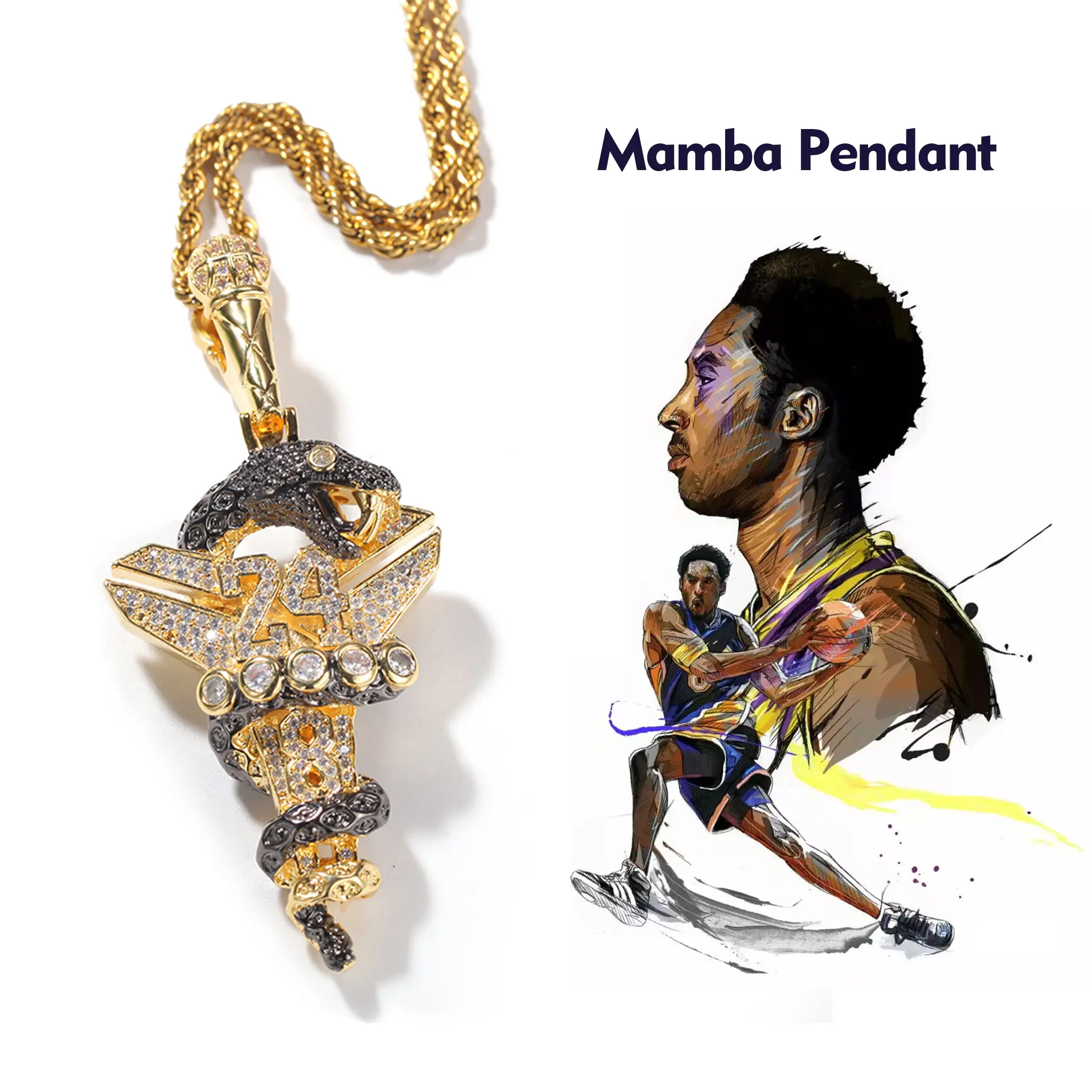 Black Mamba 8/24 Tribute Pendant Necklace, Hip Hop Chain Jewelry for Lakers Fans with CZ Stones, 24in Stainless Steel Chain