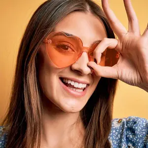 12 Pack Heart-Shaped Decorative Rimless Glasses, Candy Color Unisex Sunglasses Bulk, Lightweight Fashion Photo Props, for Festivals, Carnival, Travel Photos, Celebration Party & Independence Day Gift