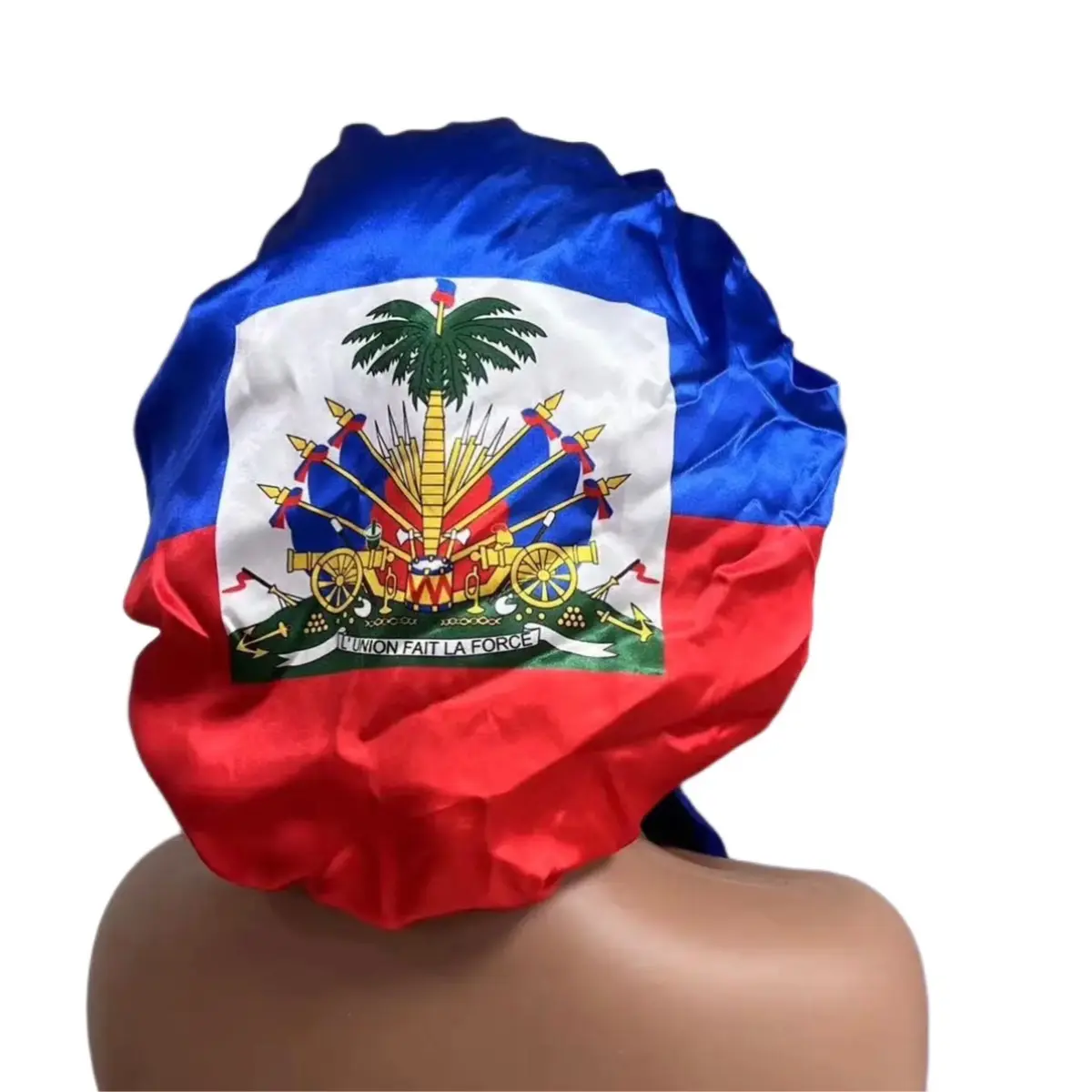 Stylish Haitian Flag Hair Bonnet in Silk Satin for Adults & Children, Adjustable Tie Band for Everyday Haircare & Frizz Control, Red Blue, Haitian Pride, Gentle On Hair, Prevents Frizz