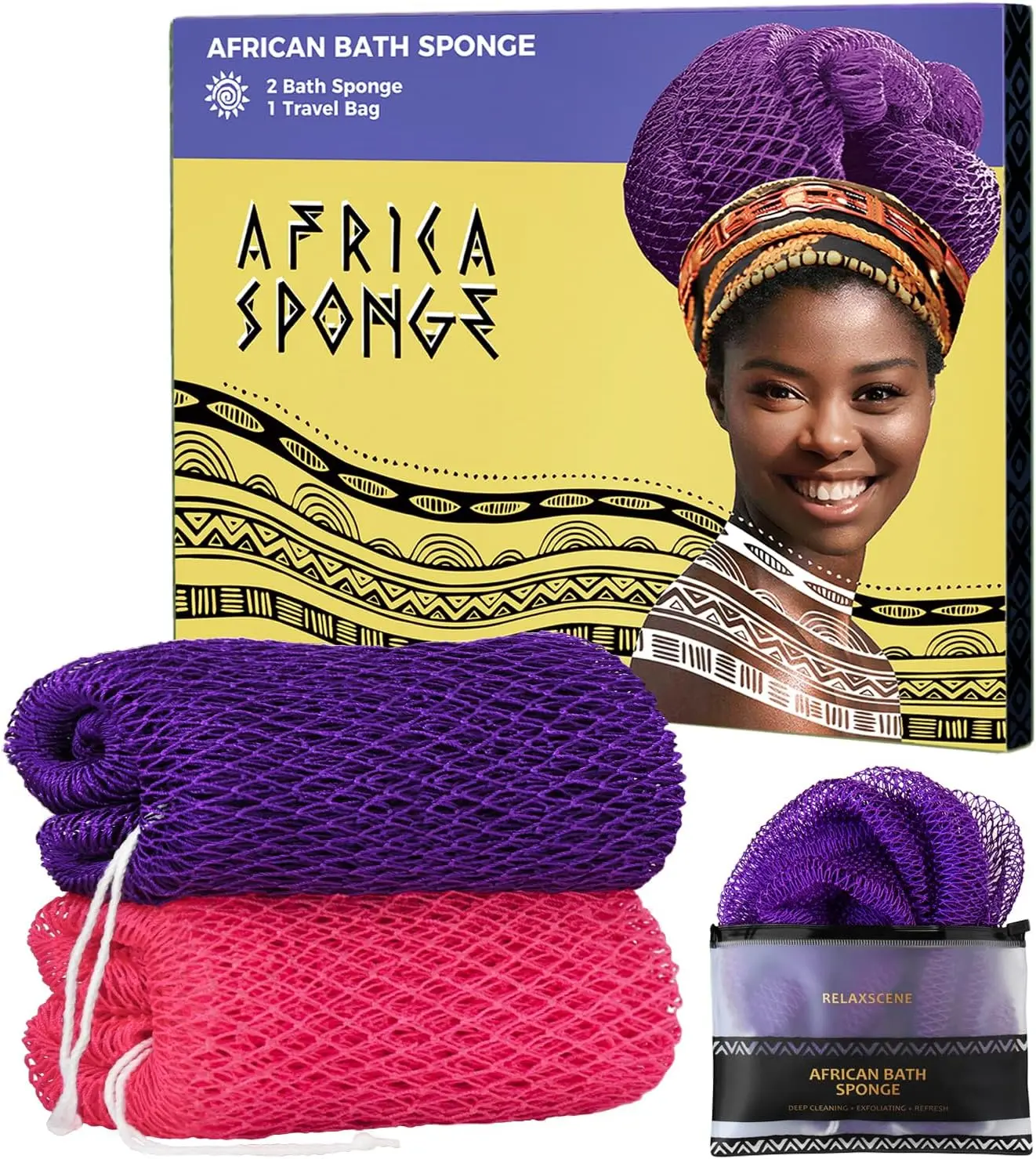 Authentic African Net Sponge - 2-Piece Exfoliating Body Scrubber Bath Loofah - Back Scrub for Shower, Face & Skin Care Bathroom Essentials for Women
