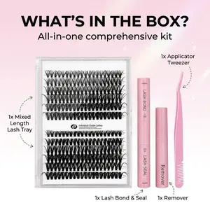 1 Set 9-16mm Length Individval Eyelash Extensions Kit,Self Grafting False D Curl Waterproof Eyelash Clusters Soft False
