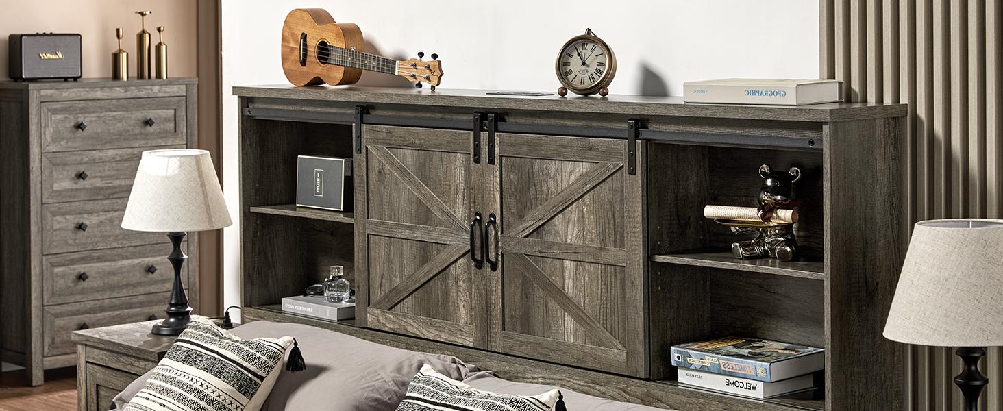 [Ships in 2 Boxes] AMERLIFE Rustic Bed Frame, Wooden Platform Bed with 51.2" Bookcase Headboard, 2 Drawers, Charging Station/No Box Spring Needed/Unique Bedroom Furniture/Best Gift Ideas/Christmas Gifts