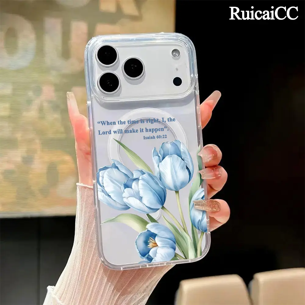 Magnetic TPU Phone Case for iPhone 17/16 Pro Max Plus/15/14/13/12/11 Air, Blue Tulips Isaiah 60:22 Quote Pattern, Anti-Yellowing Shockproof Ultra-Thin, Transparent Crystal Silicone Acrylic Large Hole Cover, Wireless Charging-Supporting Aesthetic Accessory